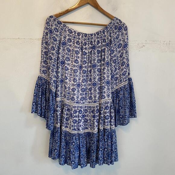 MISS JUNE Paris blue and white pattern off the shoulder mini dress sz L - Picture 4 of 6